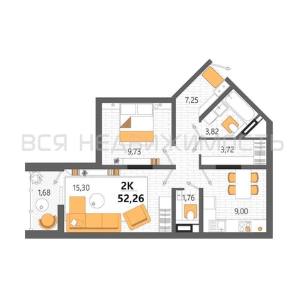 2-комнатная квартира, 52.26кв.м - изображение