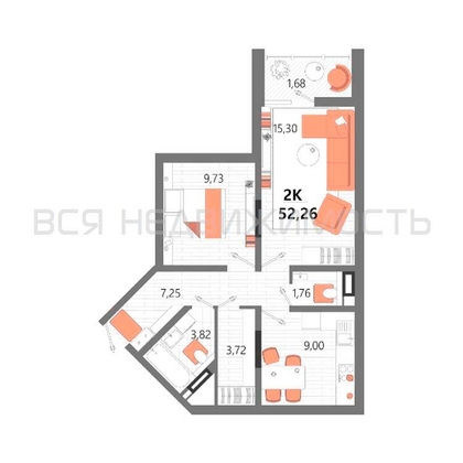 2-комнатная квартира, 52.26кв.м - изображение