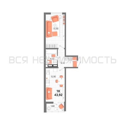 1-комнатная квартира, 43.92кв.м - изображение