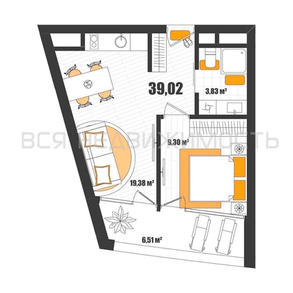 1-комнатная квартира, 39.02кв.м - изображение