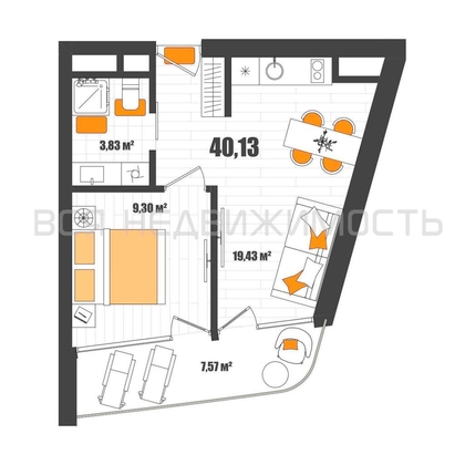 1-комнатная квартира, 40.13кв.м - изображение