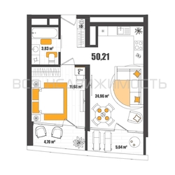 1-комнатная квартира, 50.21кв.м 1-комнатная квартира, 50.21кв.м - изображение 1