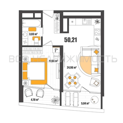 1-комнатная квартира, 50.21кв.м - изображение