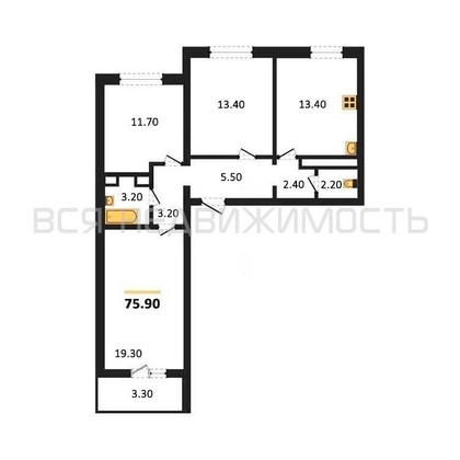 3-комнатная квартира, 75.9кв.м - изображение