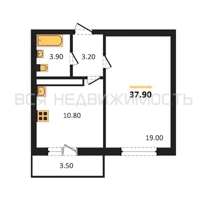1-комнатная квартира, 37.9кв.м - изображение