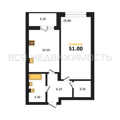 1-комнатная квартира, 51кв.м - изображение