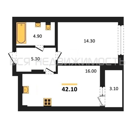 1-комнатная квартира, 42.1кв.м 1-комнатная квартира, 42.1кв.м - изображение