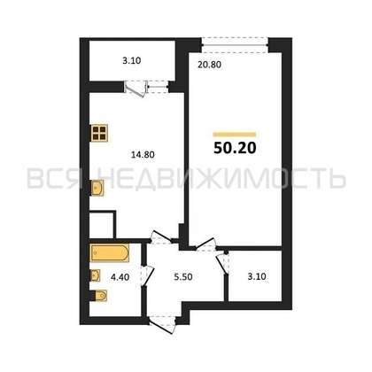 1-комнатная квартира, 50.2кв.м - изображение