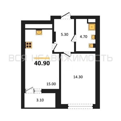1-комнатная квартира, 40.9кв.м - изображение