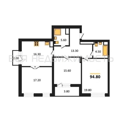 3-комнатная квартира, 94.8кв.м - изображение
