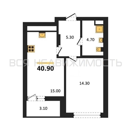 1-комнатная квартира, 40.9кв.м - изображение