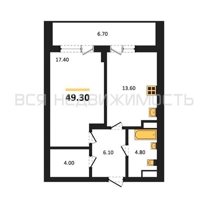 1-комнатная квартира, 49.3кв.м - изображение