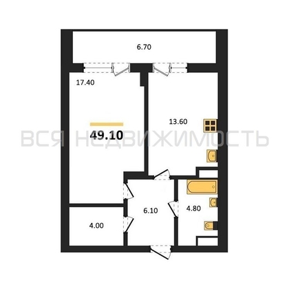 1-комнатная квартира, 49.1кв.м - изображение