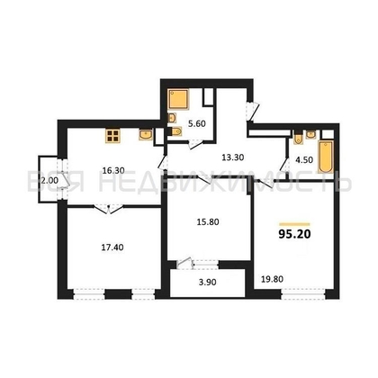 3-комнатная квартира, 95.2кв.м - изображение