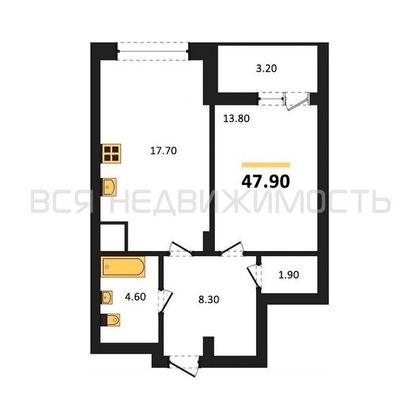 1-комнатная квартира, 47.9кв.м - изображение