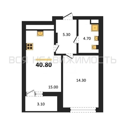 1-комнатная квартира, 40.8кв.м - изображение