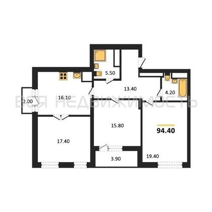 3-комнатная квартира, 94.4кв.м - изображение