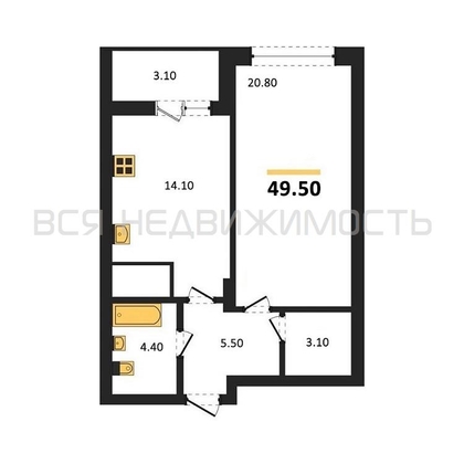 1-комнатная квартира, 49.5кв.м - изображение