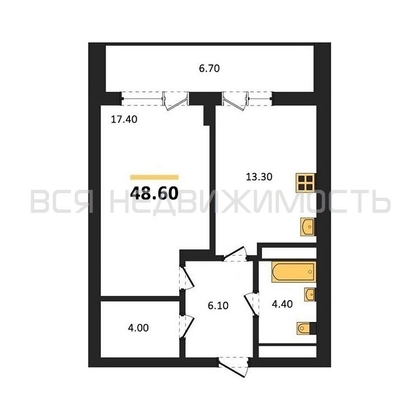 1-комнатная квартира, 48.6кв.м - изображение