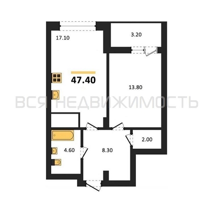 1-комнатная квартира, 47.4кв.м - изображение