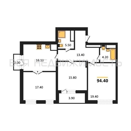 3-комнатная квартира, 94.4кв.м - изображение