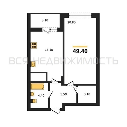 1-комнатная квартира, 49.4кв.м - изображение