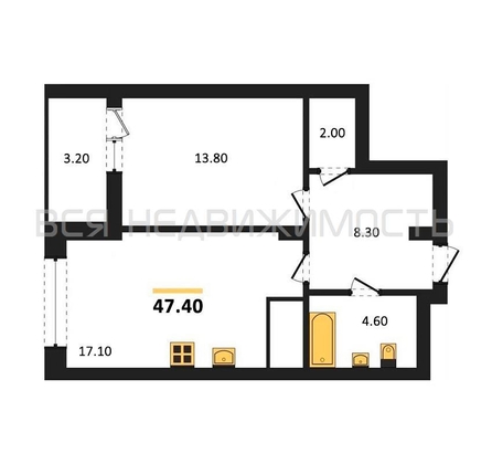 1-комнатная квартира, 47.4кв.м - изображение