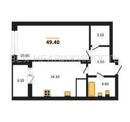 1-комнатная квартира, 49.4кв.м 1-комнатная квартира, 49.4кв.м - изображение 1