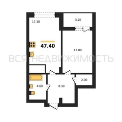 1-комнатная квартира, 47.4кв.м 1-комнатная квартира, 47.4кв.м - изображение 1