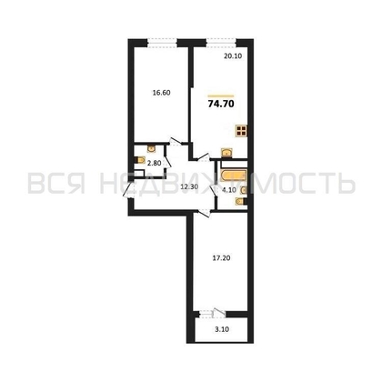2-комнатная квартира, 74.7кв.м - изображение