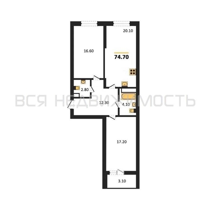 2-комнатная квартира, 74.7кв.м - изображение