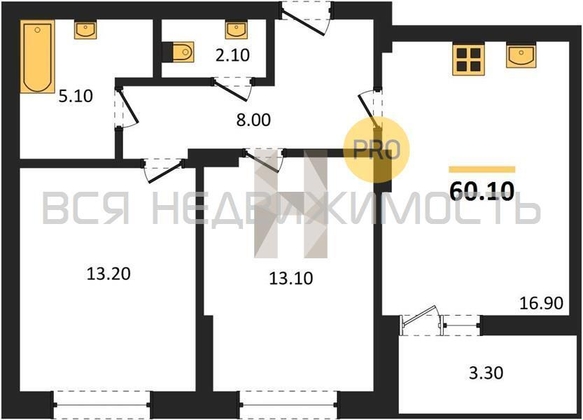 2-комнатная квартира, 60.1кв.м - изображение