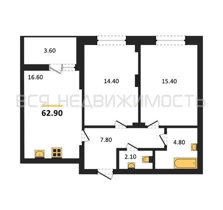 2-комнатная квартира, 62.9кв.м - изображение