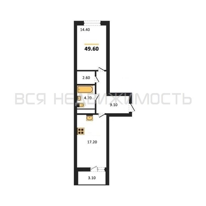 1-комнатная квартира, 49.6кв.м - изображение