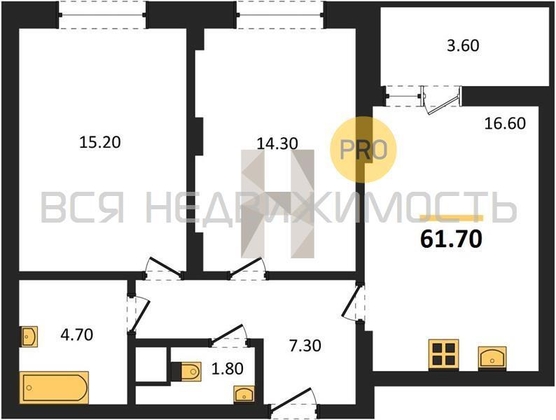 2-комнатная квартира, 61.7кв.м - изображение