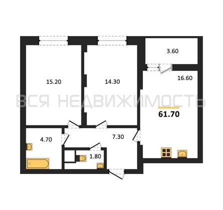 2-комнатная квартира, 61.7кв.м - изображение