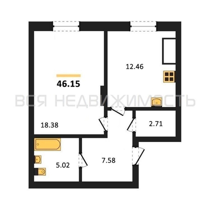 1-комнатная квартира, 46.15кв.м - изображение