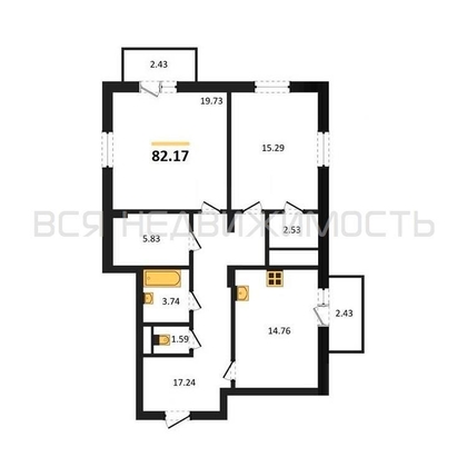 2-комнатная квартира, 82.17кв.м - изображение