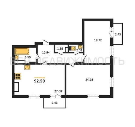 2-комнатная квартира, 92.59кв.м - изображение