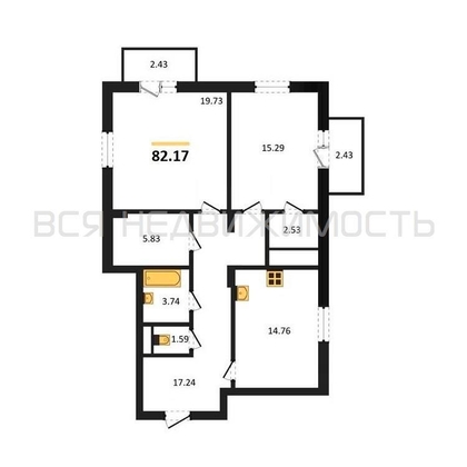 2-комнатная квартира, 82.17кв.м - изображение