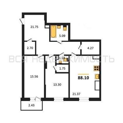 2-комнатная квартира, 88.1кв.м - изображение