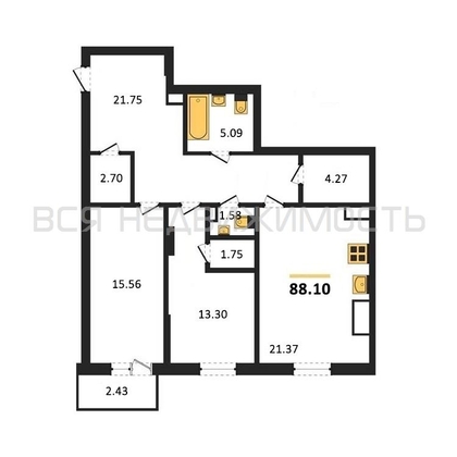2-комнатная квартира, 88.1кв.м - изображение