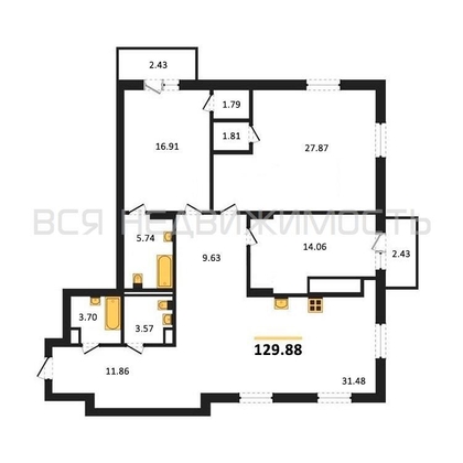 3-комнатная квартира, 129.88кв.м - изображение