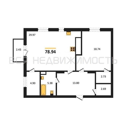 1-комнатная квартира, 78.94кв.м - изображение