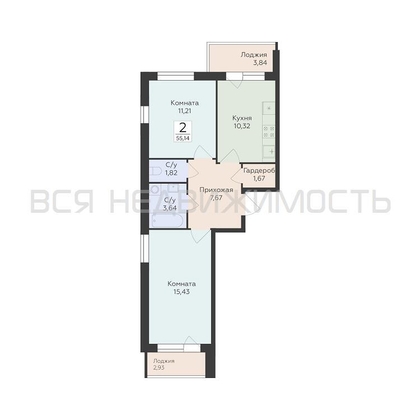2-комнатная квартира, 55.14кв.м - изображение
