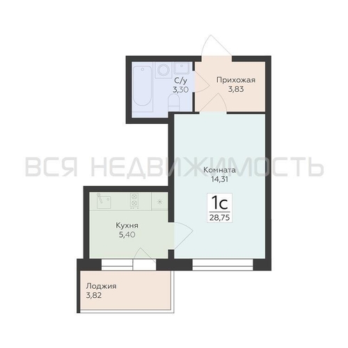 1-комнатная квартира, 28.75кв.м - изображение 0
