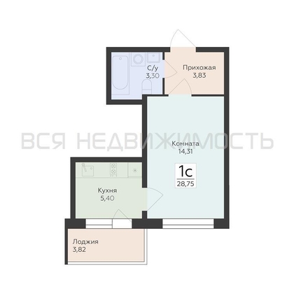 1-комнатная квартира, 28.75кв.м - изображение
