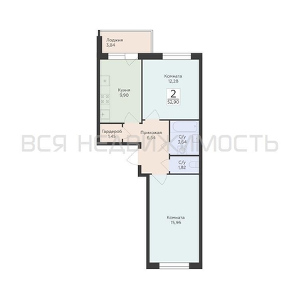 2-комнатная квартира, 52.6кв.м - изображение