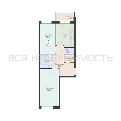 2-комнатная квартира, 52.16кв.м - изображение
