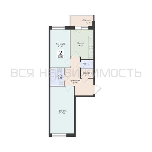 2-комнатная квартира, 52.16кв.м - изображение 0